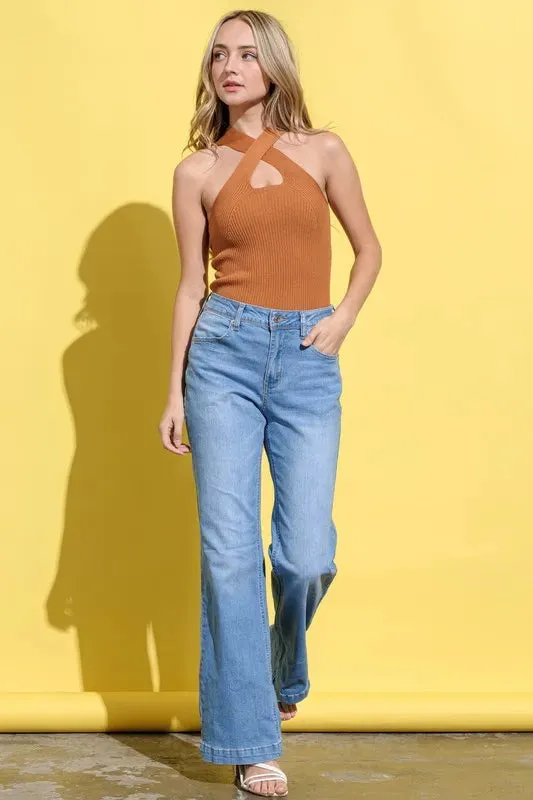Basic Rib Cross Halter Neck Tank Top