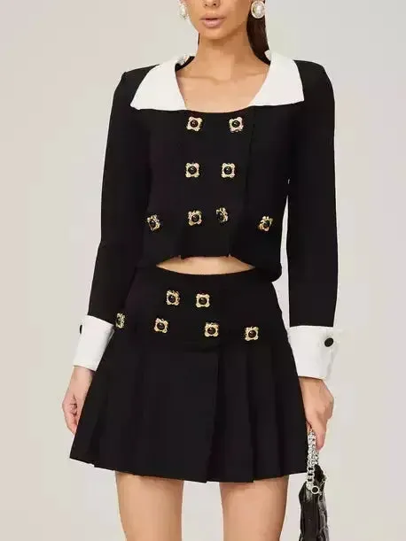 Bicolor Double-Buttoned Cropped Jacket Pleated Mini Skirt Set