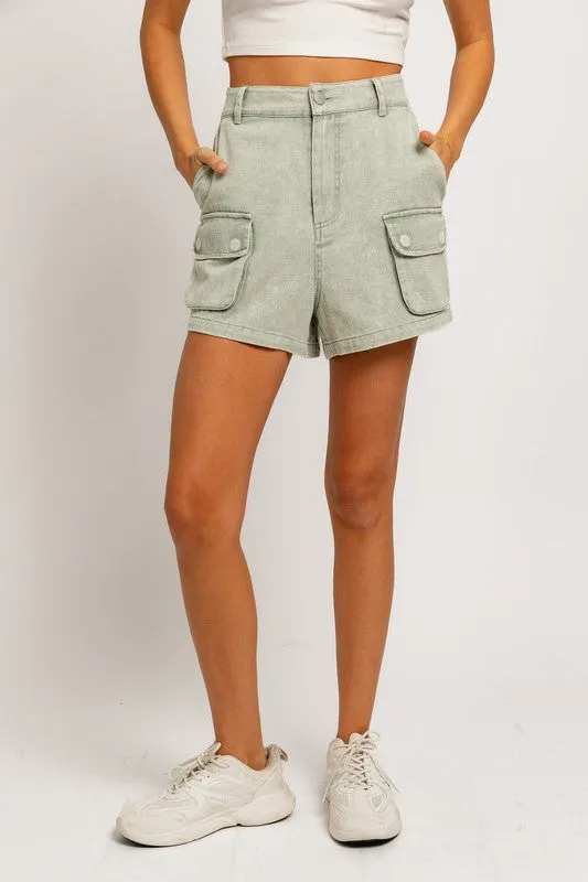 High Waisted Cargo Denim Shorts