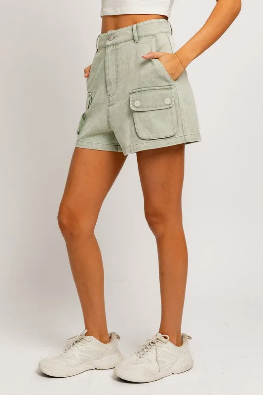 High Waisted Cargo Denim Shorts