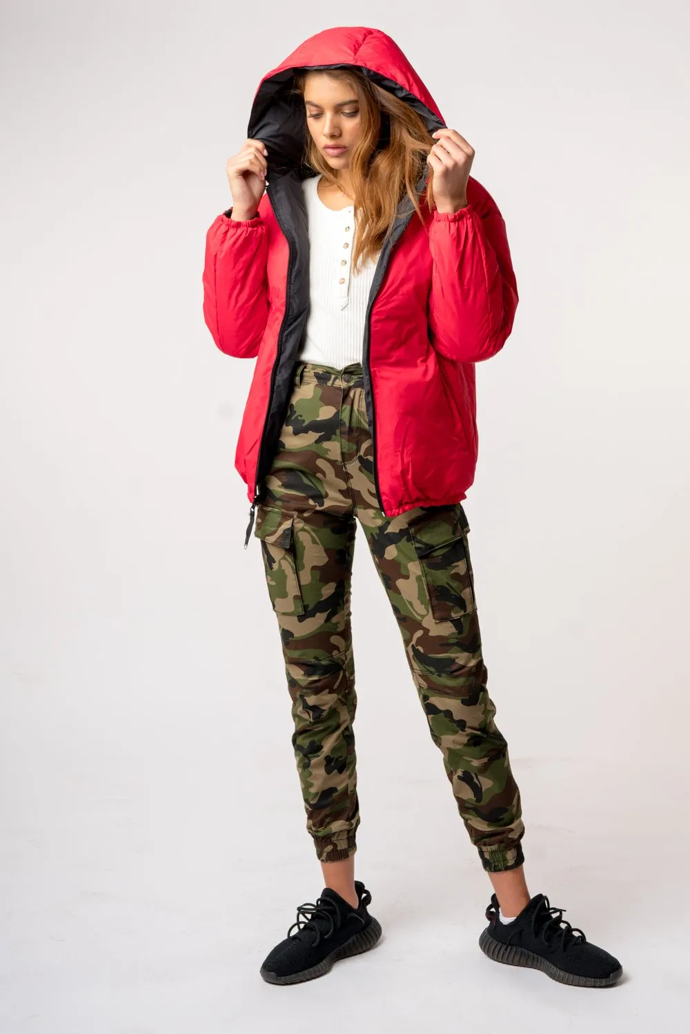 Oversized Down Jacket - Black/Red