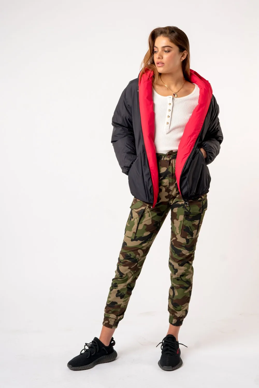 Oversized Down Jacket - Black/Red