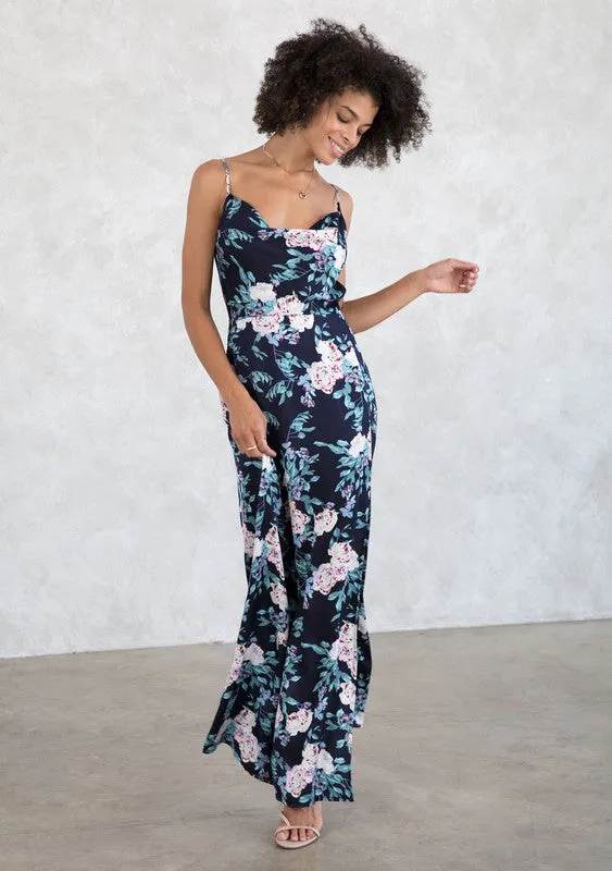 Silky Floral Print Cowl Neck Semiformal Maxi Dress